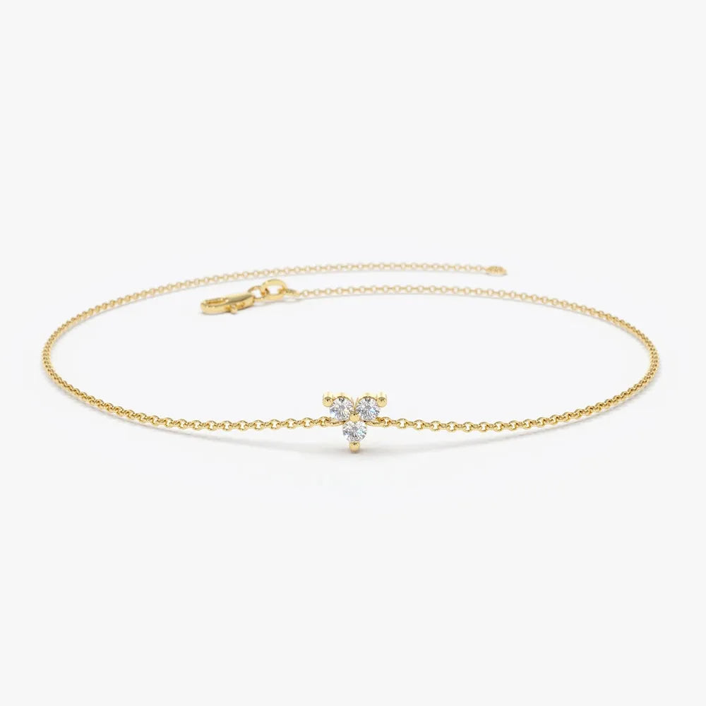 14K Solid Gold Round Diamond Three Stone Floating Triangle Bracelet Prong Setting 0.09 Carat