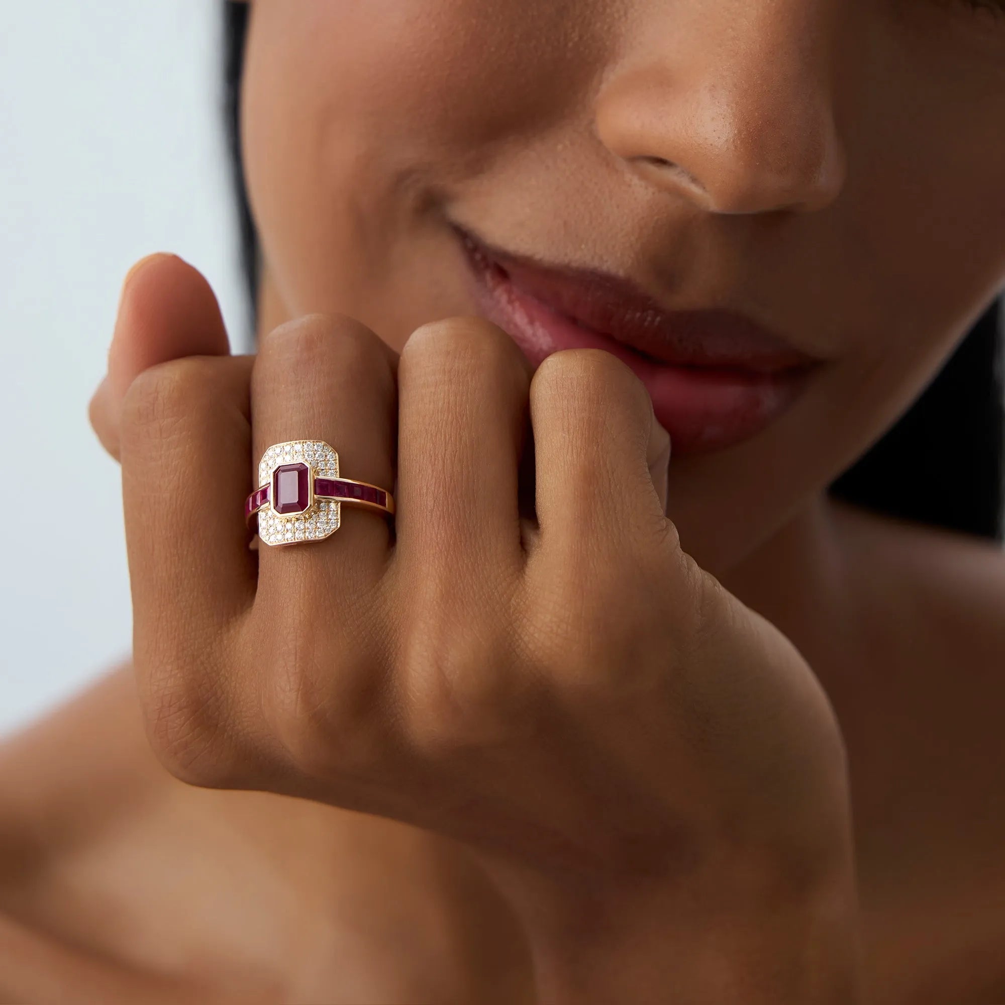 14k Gold Ruby and Diamond Emerald and Square Cut Art Deco Ring 2.80 ctw