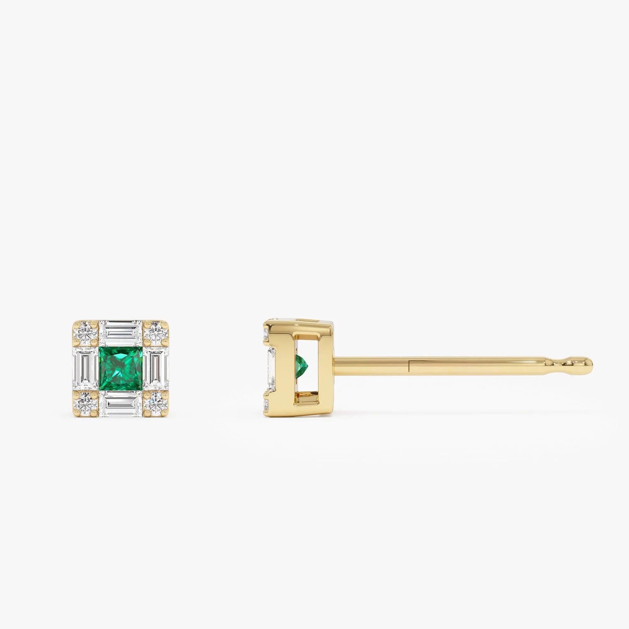 14k Solid Gold Princess Cut Emerald and Diamond Halo Stud Earrings 0.35 ctw