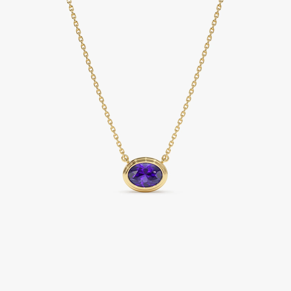 14k Solid Gold Amethyst Oval Necklace 0.75 Carat Bezel Setting