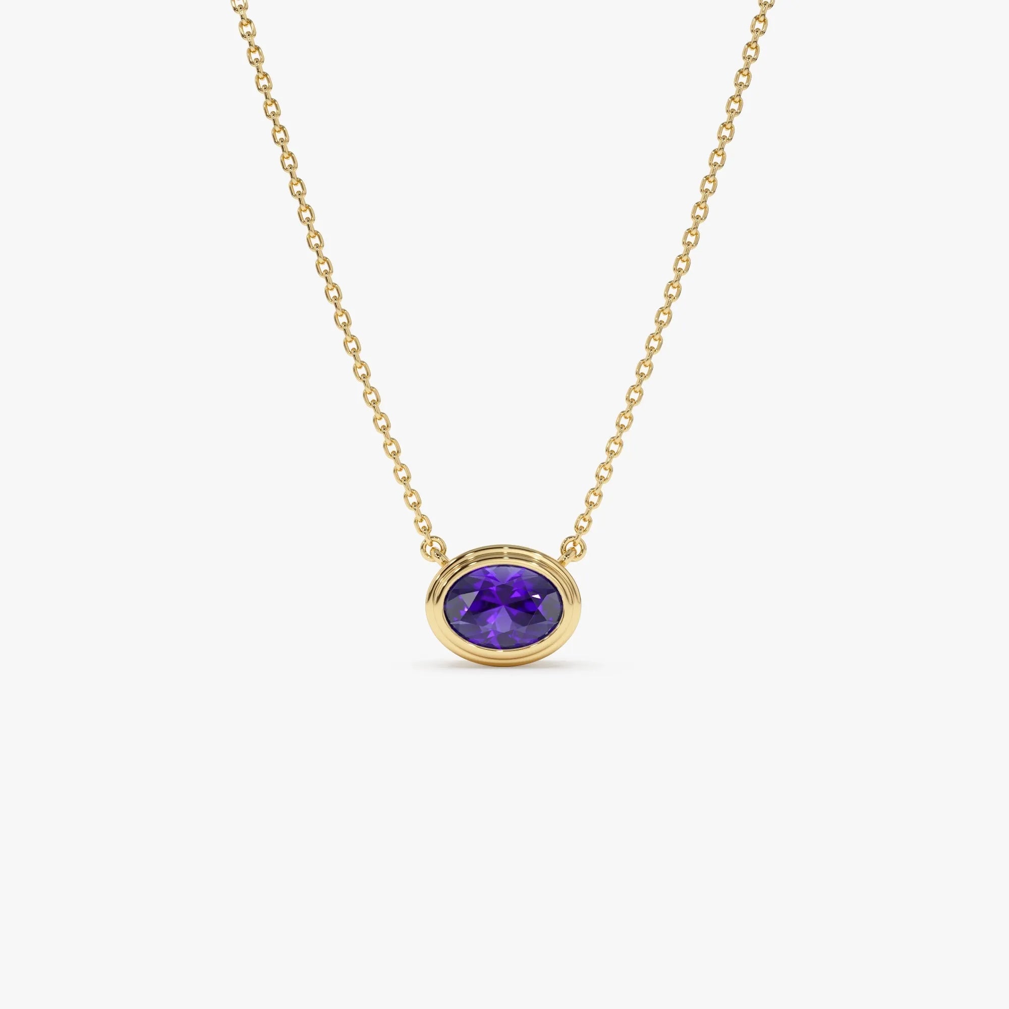 14k Solid Gold Amethyst Oval Necklace 0.75 Carat Bezel Setting
