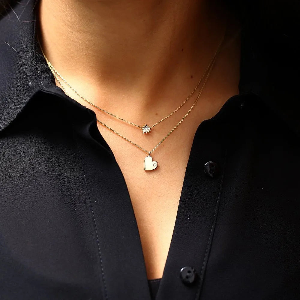 14K Solid Gold Round Diamond Star Pendant Necklace Burnish Setting 0.03ctw
