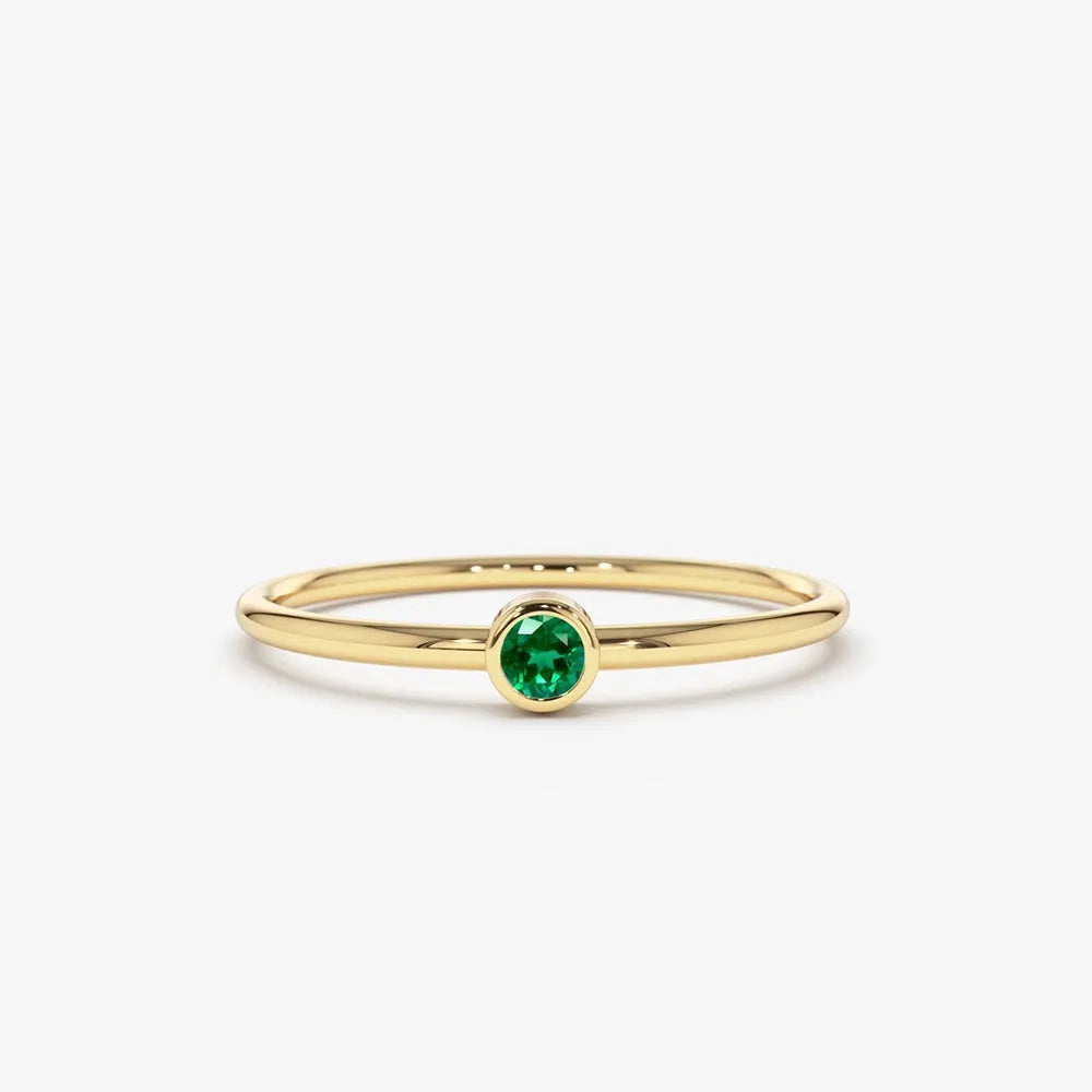 14K Solid Gold Round Emerald Solitaire Bezel Set Ring 0.08 CTW Handcrafted Jewelry