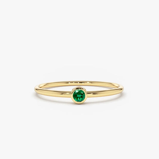 14K Solid Gold Round Emerald Solitaire Bezel Set Ring 0.08 CTW Handcrafted Jewelry