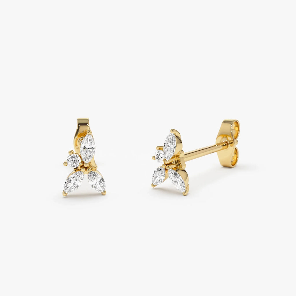14k Gold Diamond Marquise and Round Cut Cluster Stud Earrings 0.20 ctw