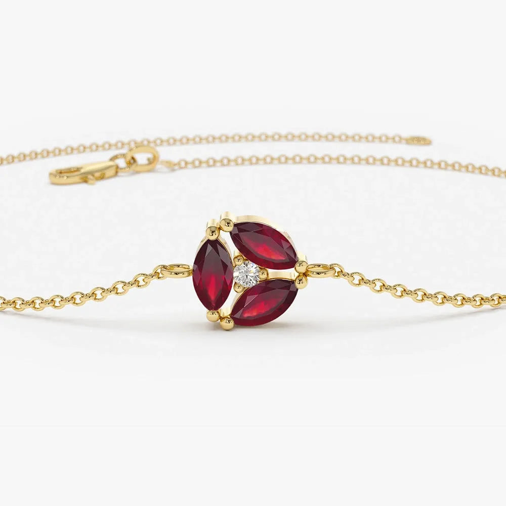 14K Solid Gold 0.30ctw Marquise Ruby and Round Diamond Cluster Bracelet