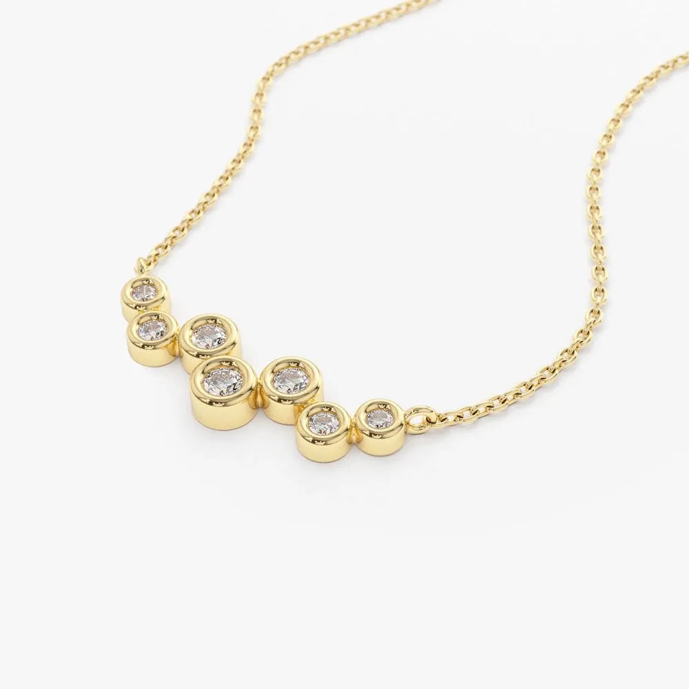 14K Solid Gold Round Diamond 7 Stone Floating Bubble Necklace Bezel Set 0.30ctw