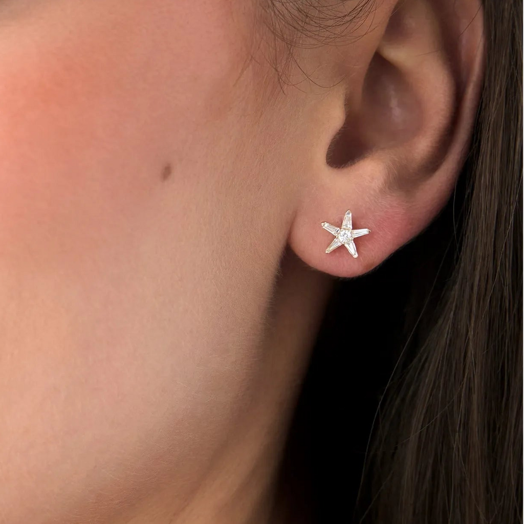 14k Gold Diamond Baguette and Round Cut Star Stud Earrings 0.45 ctw