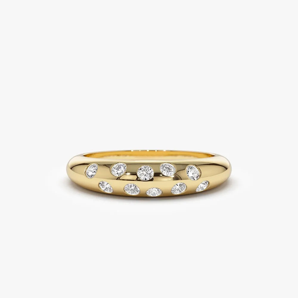 14K Solid Gold Round Diamond 0.30 Carat Dome Zig Zag Flush Setting Ring