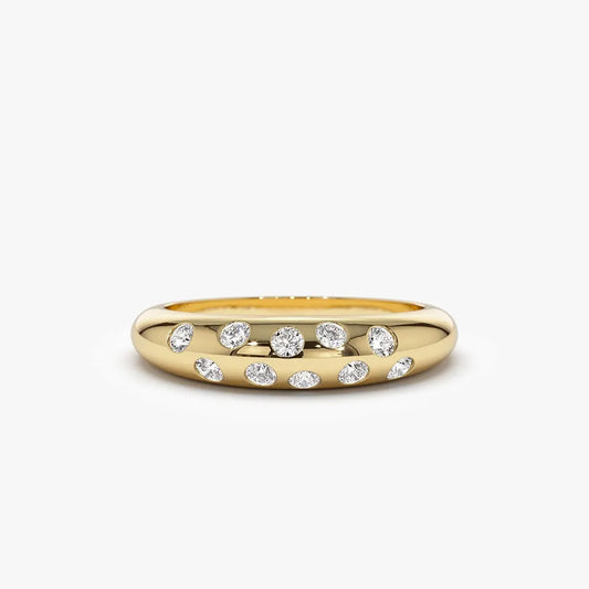 14K Solid Gold Round Diamond 0.30 Carat Dome Zig Zag Flush Setting Ring