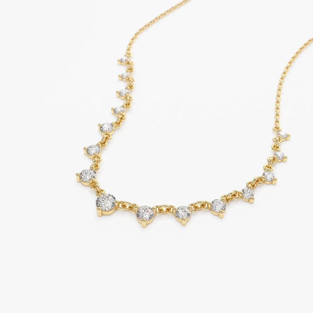 14K Solid Gold Round Diamond Graduating Necklace Prong Setting 0.85ctw
