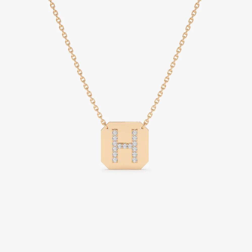14K Solid Gold Round Diamond Initial Letter Pendant Necklace Prong Setting 0.10ctw
