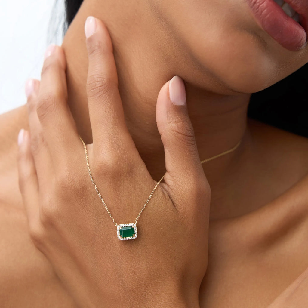 14k Solid Yellow Gold Octagon Emerald 1.02 CTW and Round Diamond 0.12 CTW Halo Pendant Necklace