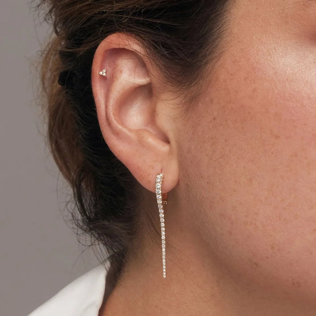 14k Gold Diamond Round Cut Medium Dagger Drop Hoop Earrings 0.79 ctw