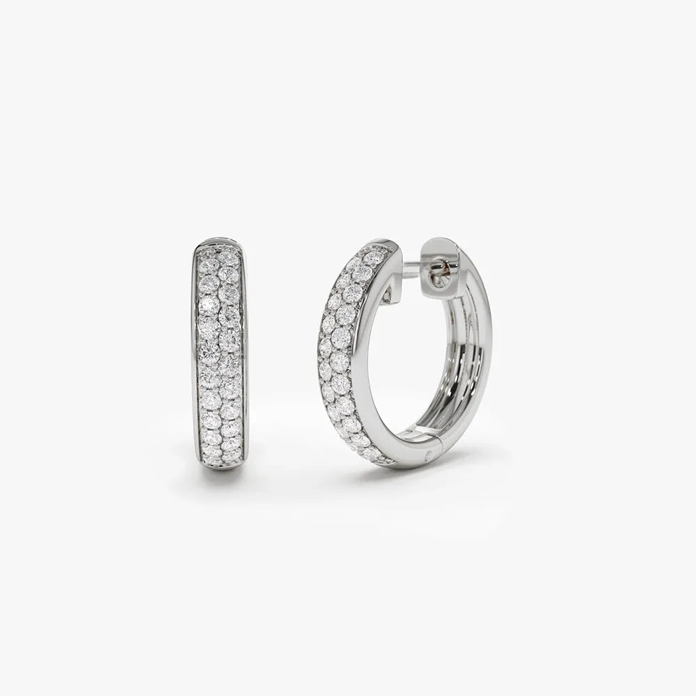 14k Gold Diamond Round Cut Double Row Micro Pave Petite Hoop Earrings 0.38 ctw