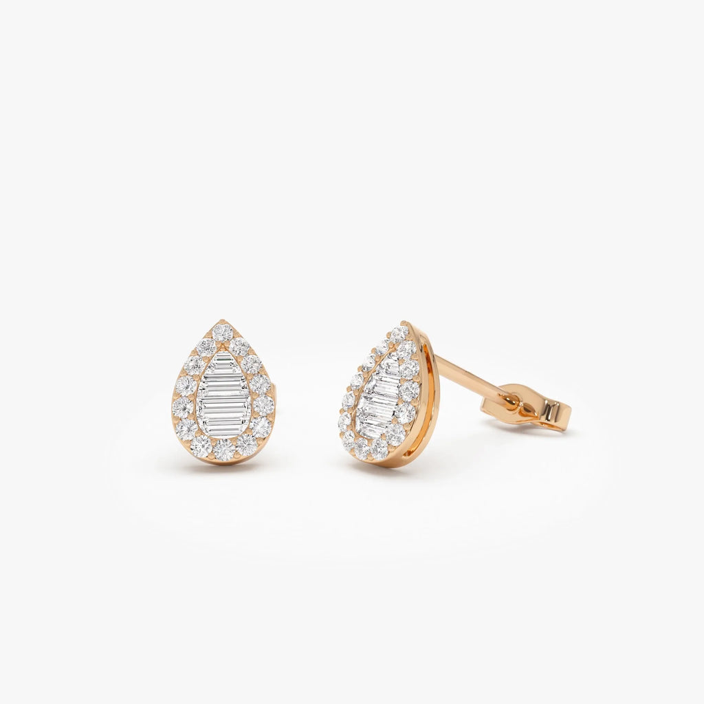 14k Gold Diamond Baguette and Round Cut Pear Stud Earrings 0.35 ctw
