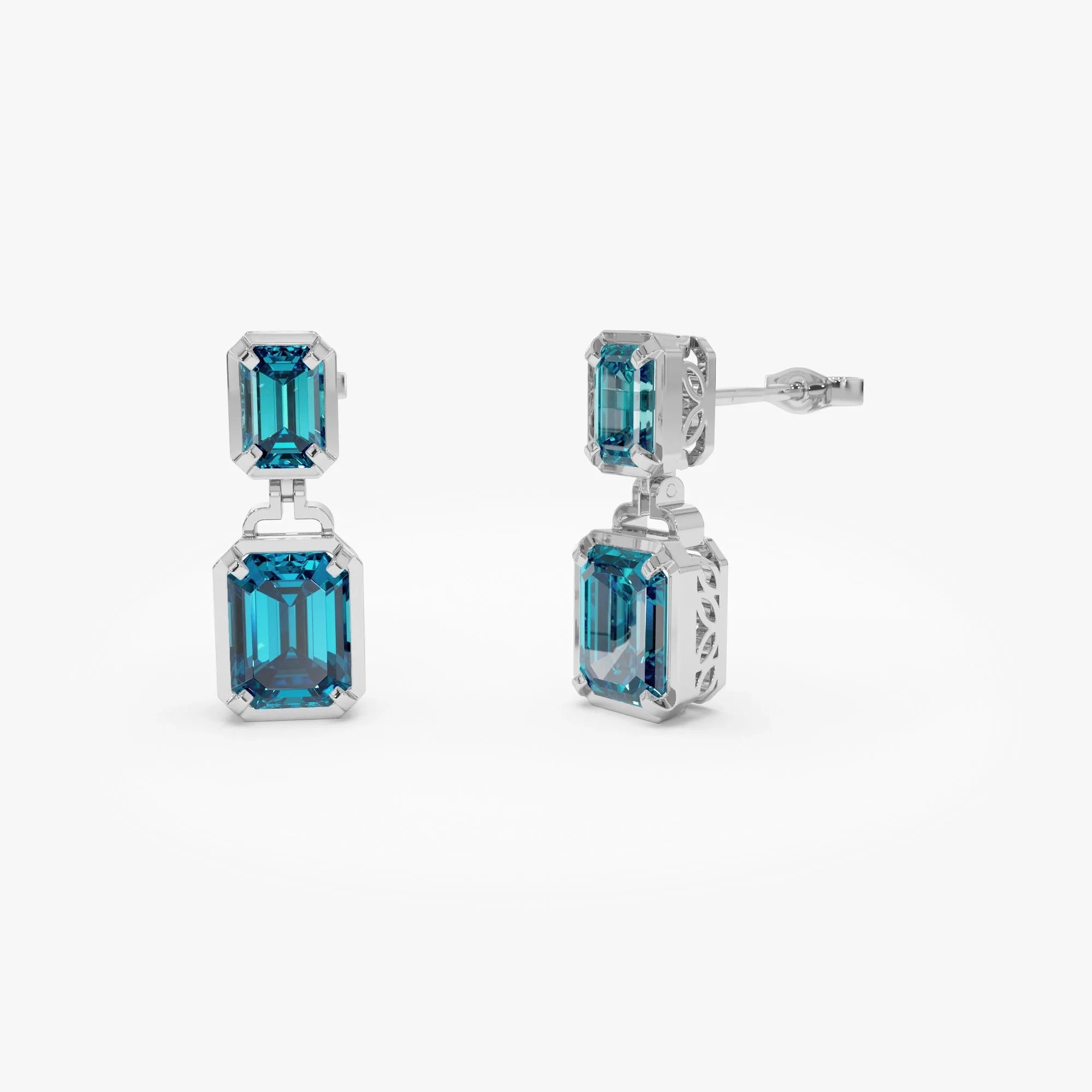 14K Solid Gold Octagon Cut London Blue Topaz Dangle Drop Earrings 3.9ctw