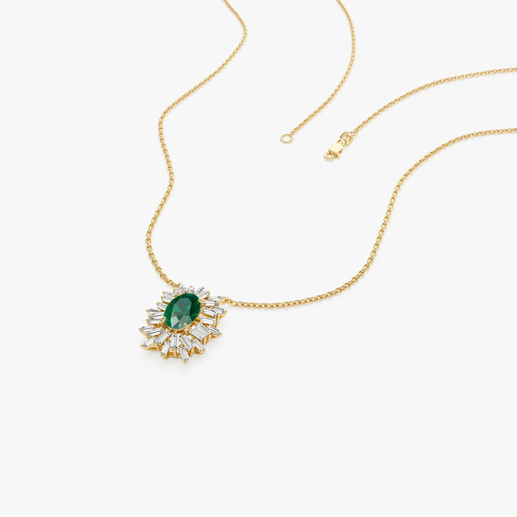 14k Solid Gold Oval Emerald 0.43 CTW and Baguette Diamond 0.28 CTW Ballerina Halo Pendant Necklace