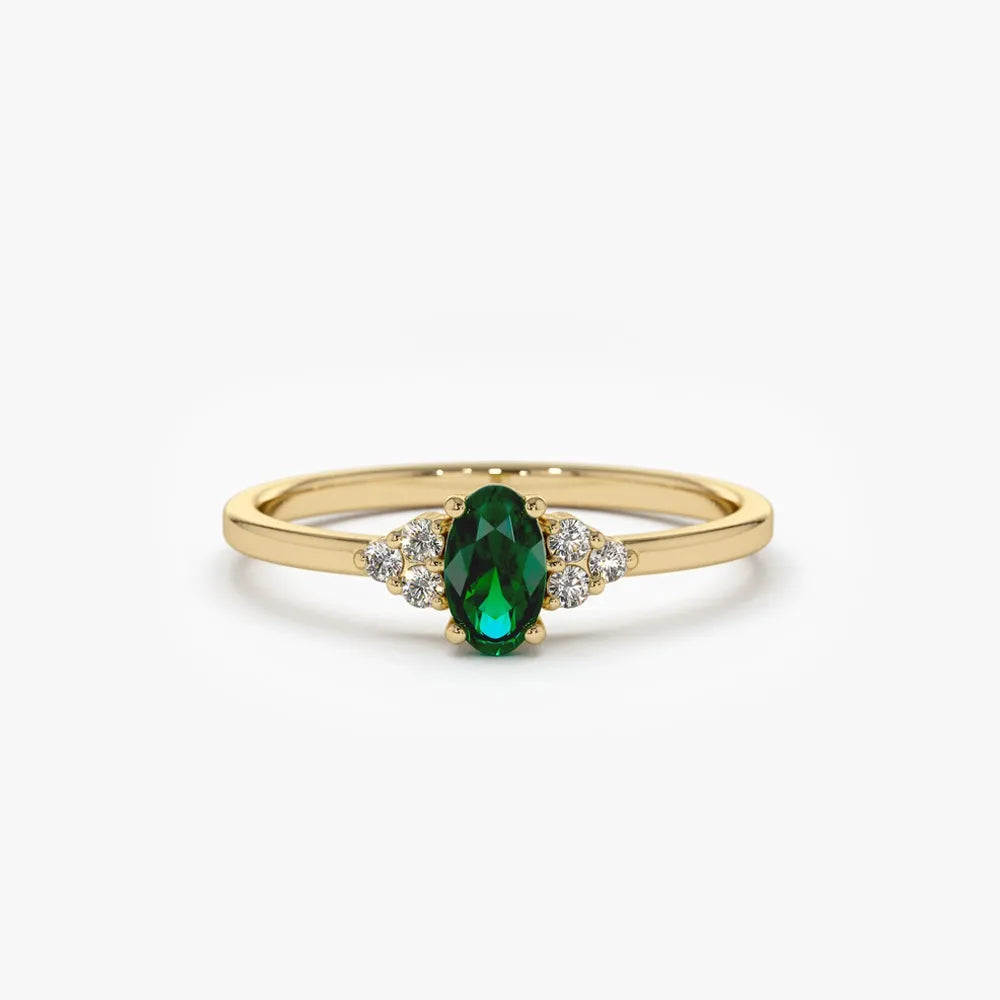 14K Gold Oval Emerald and Round Diamond Ring 0.38 CTW Handcrafted Custom Jewelry