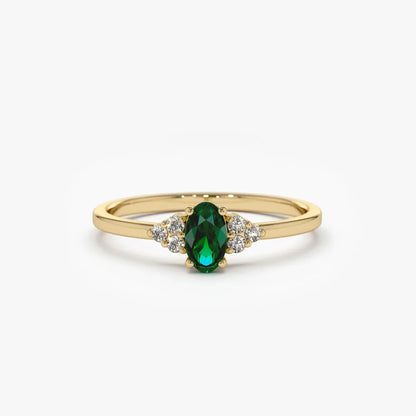 14K Gold Oval Emerald and Round Diamond Ring 0.38 CTW Handcrafted Custom Jewelry