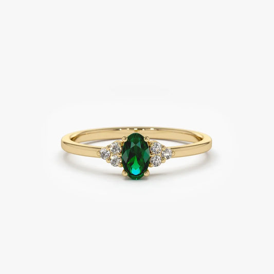 14K Gold Oval Emerald and Round Diamond Ring 0.38 CTW Handcrafted Custom Jewelry