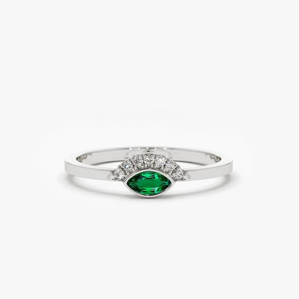 14K Solid Gold Horizontal Marquise Emerald and Round Diamond Eye Ring 0.12 CTW Micro Pave Bezel Set