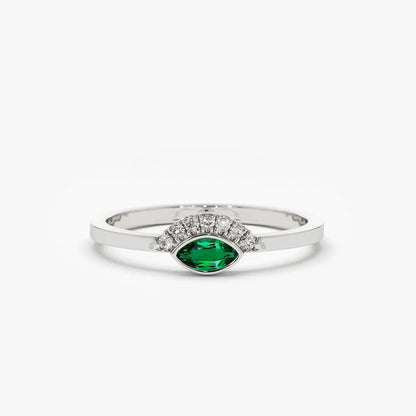14K Solid Gold Horizontal Marquise Emerald and Round Diamond Eye Ring 0.12 CTW Micro Pave Bezel Set