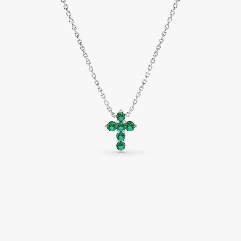 14k Solid Gold Round Emerald 0.18 CTW Tiny Cross Pendant Necklace Prong Setting