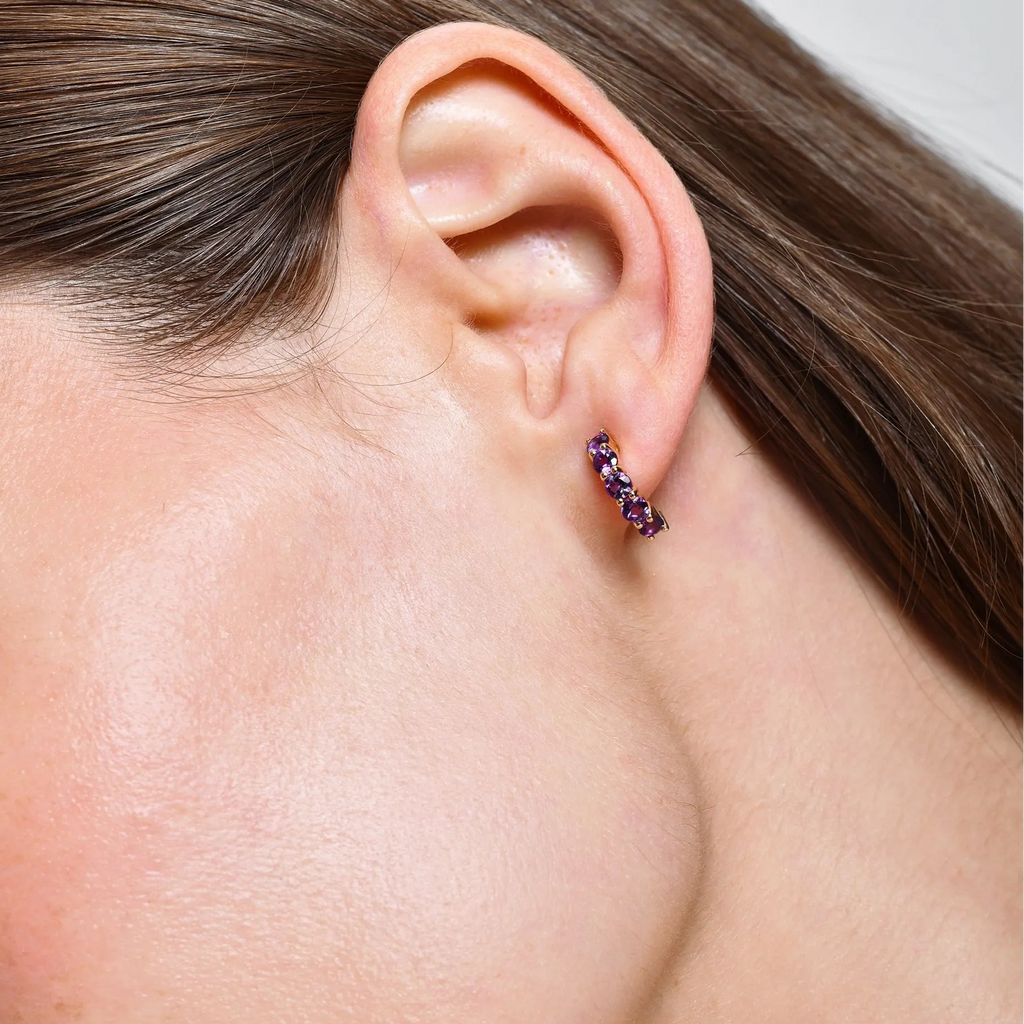 14K Solid Gold Round Amethyst Prong Set Half Hoop Earrings 1.00ctw