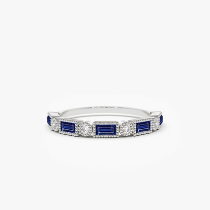 14k Gold Sapphire and Diamond Baguette and Round Cut Bezel Setting Ring 0.52 ctw