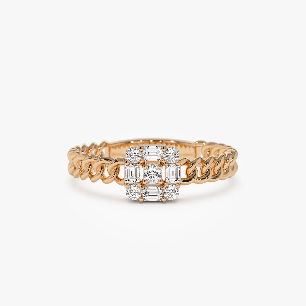 14K Solid Gold Baguette Diamond 0.20 Carat Curb Link Illusion Setting Ring