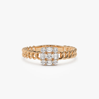 14K Solid Gold Baguette Diamond 0.20 Carat Curb Link Illusion Setting Ring