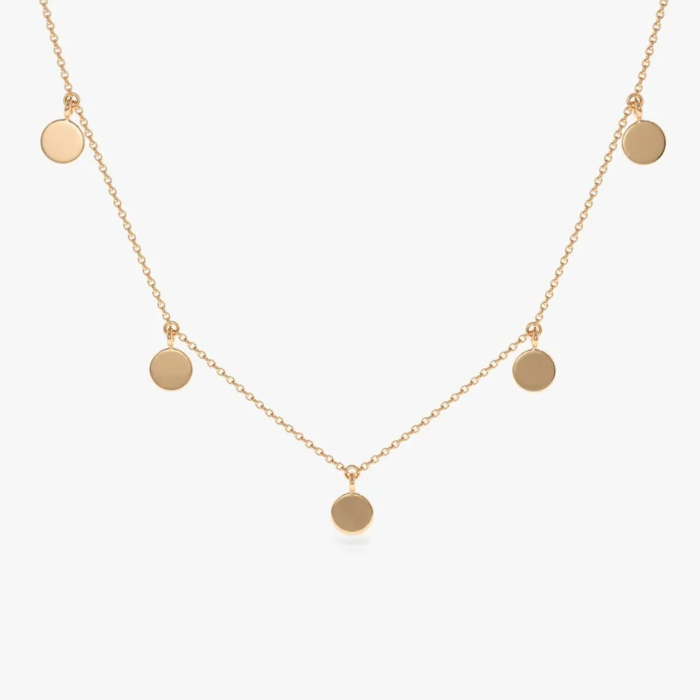 14k Solid Gold Round Coin Disc Choker Necklace with 9 Multi Discs