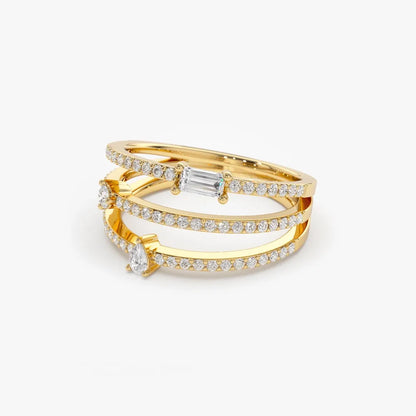 14k Gold 0.34 Carat Mixed Shape Round Baguette and Pear Diamond Triple Row Statement Ring