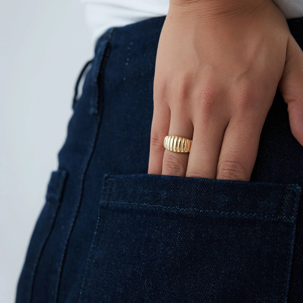 14k Solid Gold Ribbed Tapered Chunky Statement Ring 10mm Width