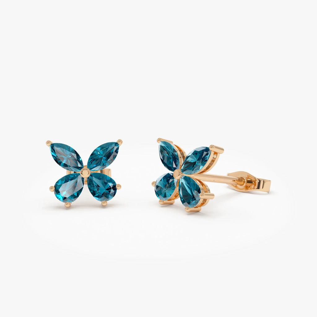 14K Solid Gold Marquise and Pear Cut London Blue Topaz Butterfly Stud Earrings 1.75ctw
