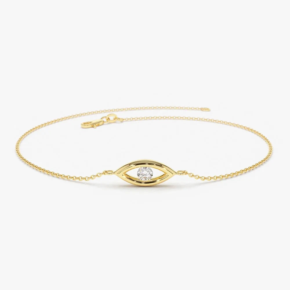 14K Solid Gold Round Diamond Evil Eye Bracelet Channel Setting 0.08 Carat