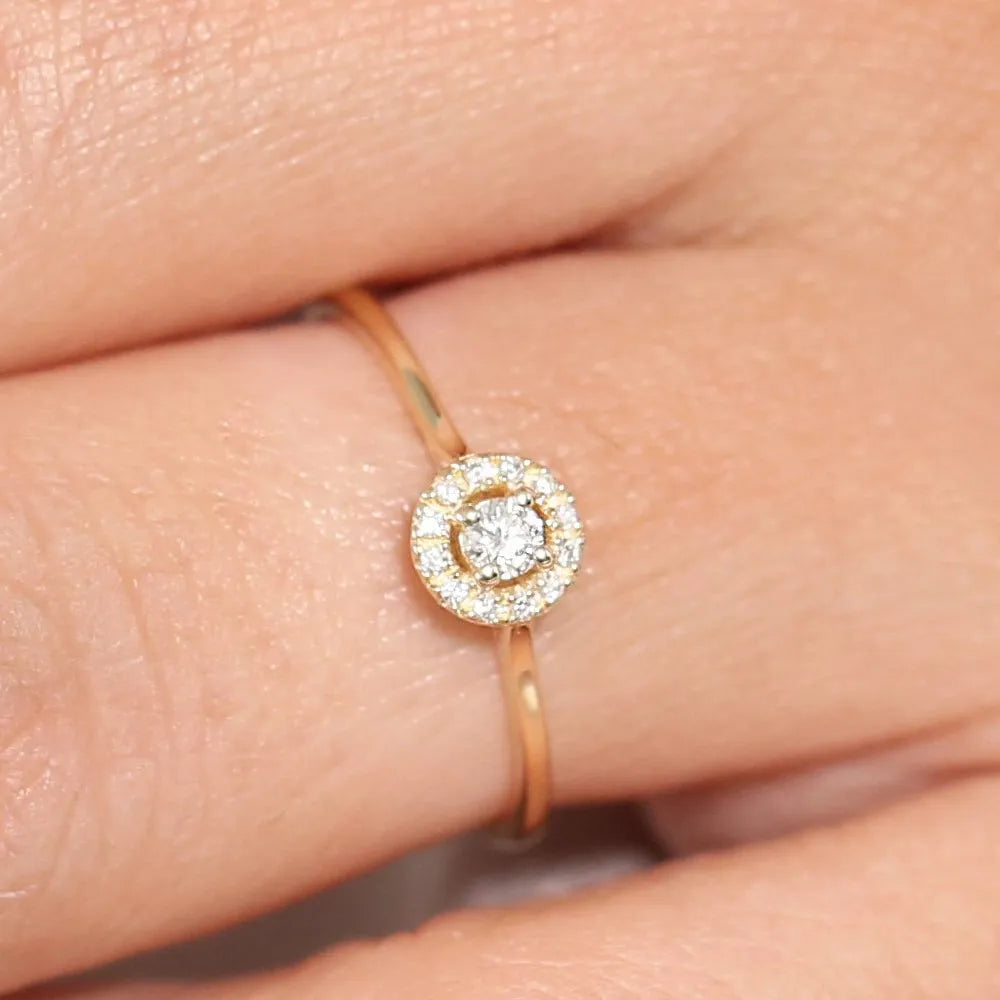 14K Solid Gold 0.12 Ctw Baguette and Round Diamond Micro Pave Halo Ring