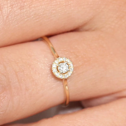 14K Solid Gold 0.12 Ctw Baguette and Round Diamond Micro Pave Halo Ring
