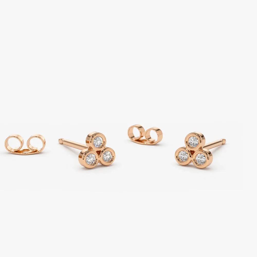 14k Gold Diamond Round Cut Trio Stud Earrings Bezel Setting 0.18 ctw