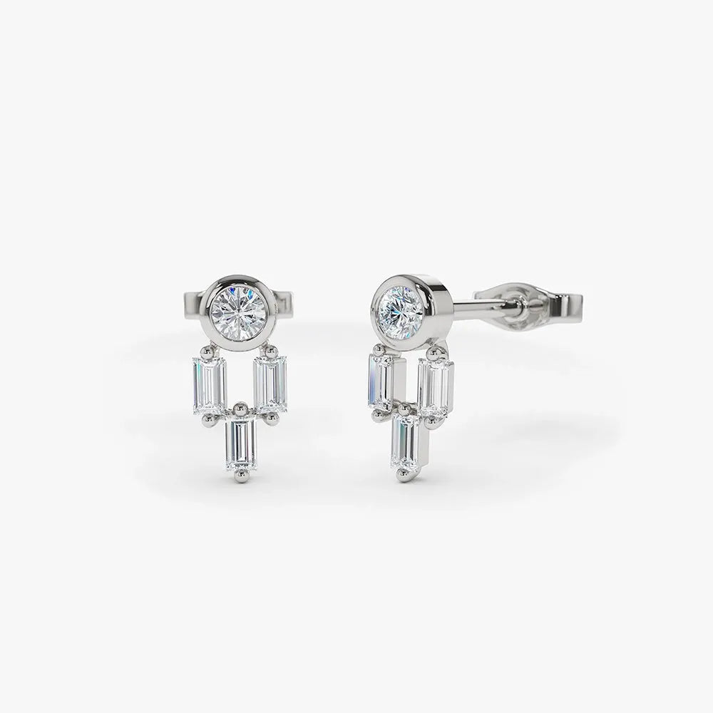 14k Gold Diamond Baguette and Round Cut Earrings 0.32 ctw