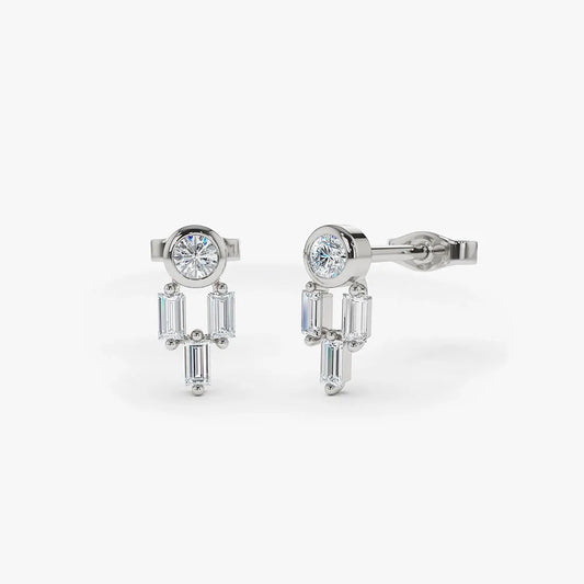 14k Gold Diamond Baguette and Round Cut Earrings 0.32 ctw