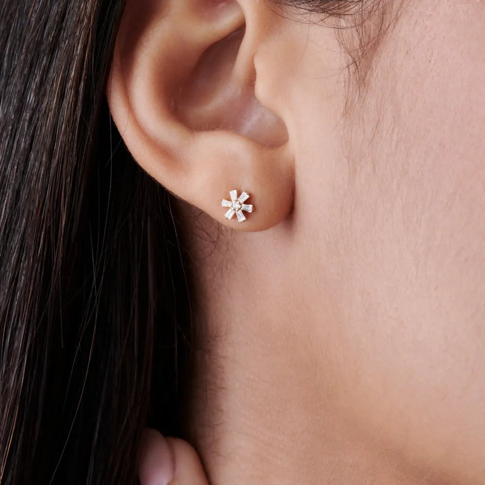 14k Gold Diamond Round and Baguette Cut Mini Flower Stud Earrings 0.23 ctw