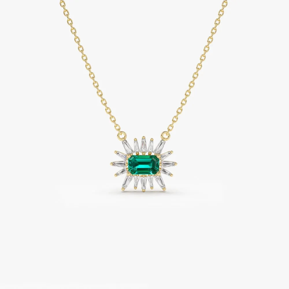 14k Solid Gold Emerald Cut Emerald 0.25 CTW and Tapered Baguette Diamond 0.25 CTW Pendant Necklace