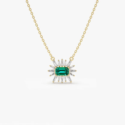 14k Solid Gold Emerald Cut Emerald 0.25 CTW and Tapered Baguette Diamond 0.25 CTW Pendant Necklace