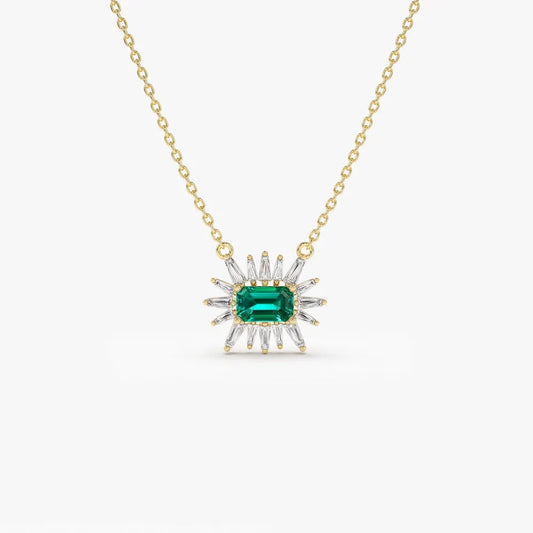 14k Solid Gold Emerald Cut Emerald 0.25 CTW and Tapered Baguette Diamond 0.25 CTW Pendant Necklace