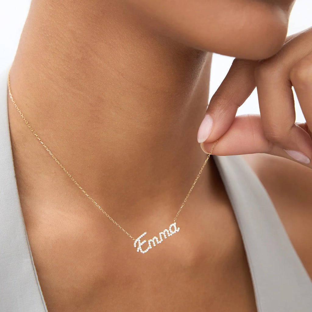 14K Solid Gold Round Diamond Personalized Name Necklace 0.15 CTW Per Letter