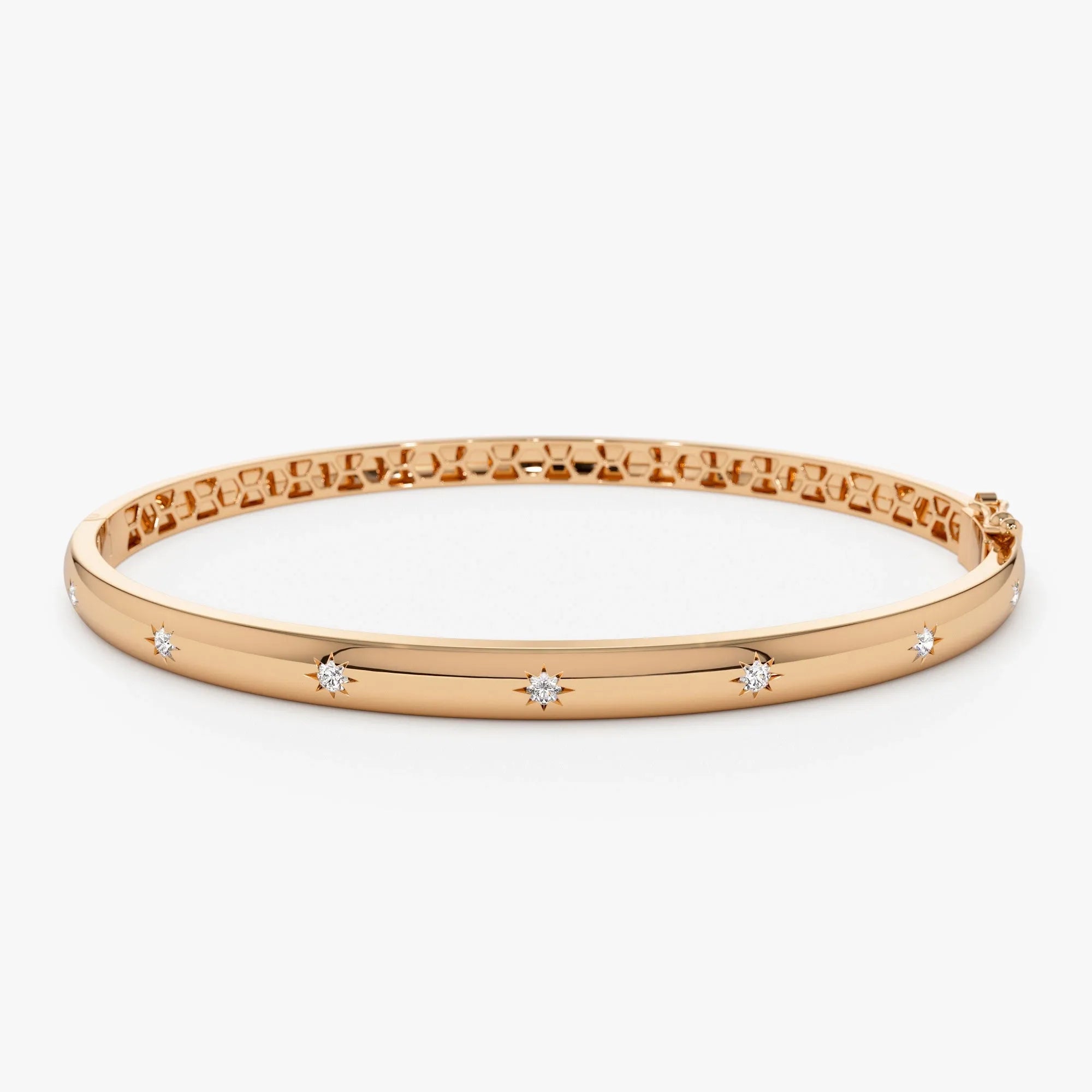 14K Solid Gold 0.24 CTW Round Diamond Dome Star Setting Bangle