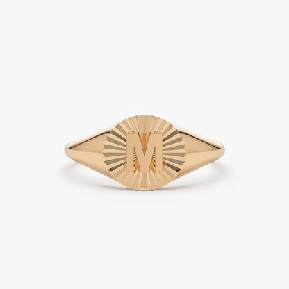 14K Gold Round Sunburst Initial Signet Ring 8mm Personalized Custom Jewelry