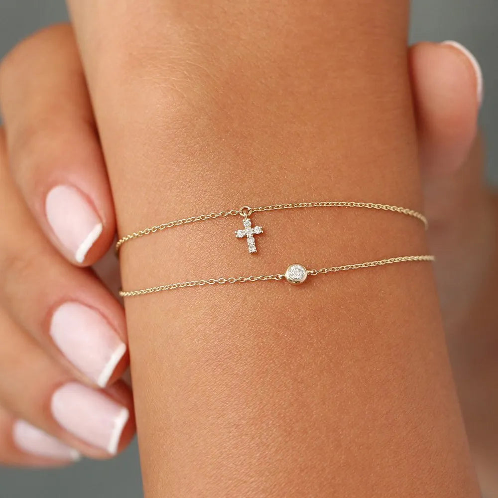 14K Solid Gold Round Diamond Cross Charm Bracelet 0.07 Carat